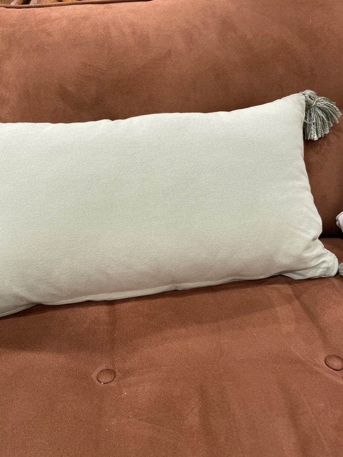 LUMBAR PILLOW CREAM WITH MINT GREEN FLORAL PATTERN AND TASSELS