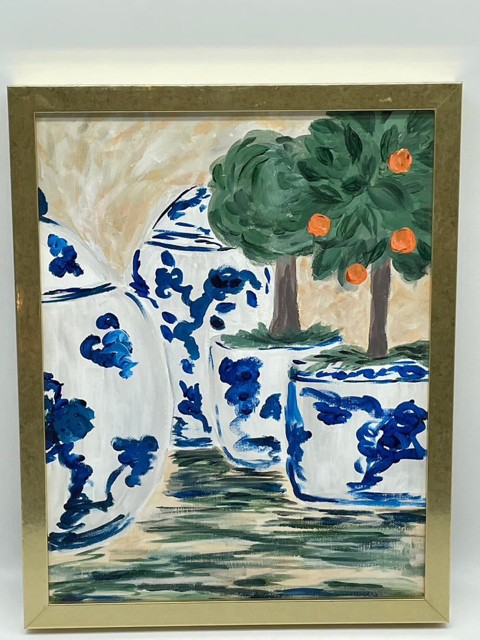 PAINTING BLUE & WHITE POT IN GOLD FRAME
