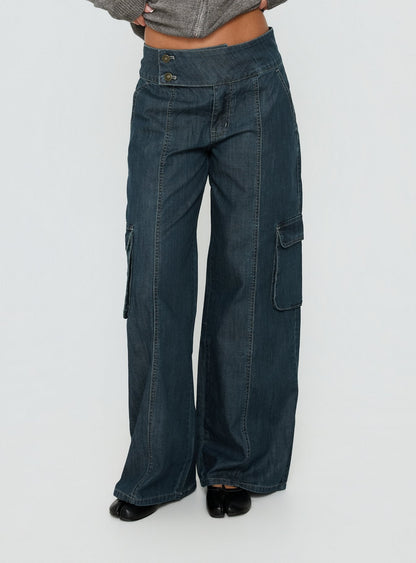 Nikoletta Mid Rise Wide Leg Cargo Jeans Dark Blue Wash