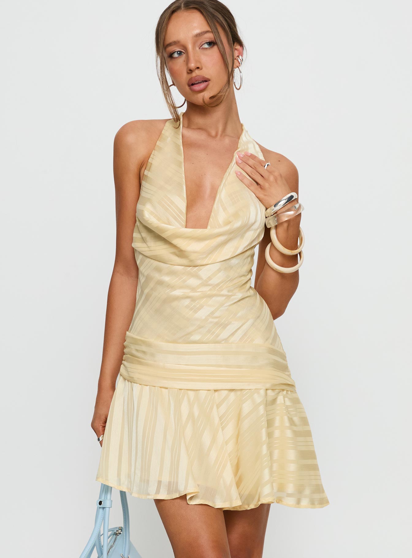 Starshooter Halter Plunge Mini Dress Lemon