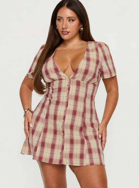 Twist of Fate V Neck Mini Dress Plaid Curve