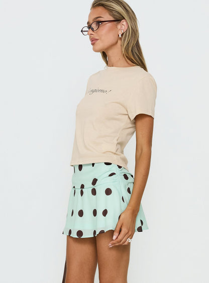 Elicia Ruched Mini Skirt Mint / Chocolate Polka Dot