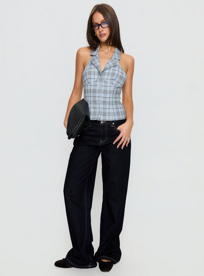 Lure Button Up Sleeveless Top Baby Blue Plaid