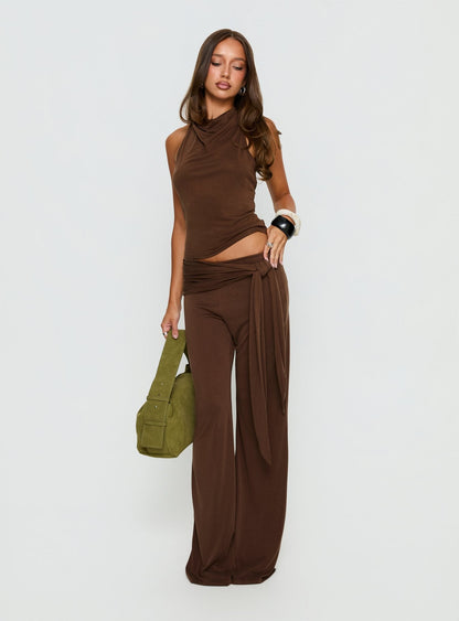 Katiana High Neck Cowl Top Brown