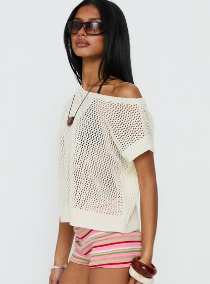 Lorenzina Sheer Crochet Off Shoulder Top Cream