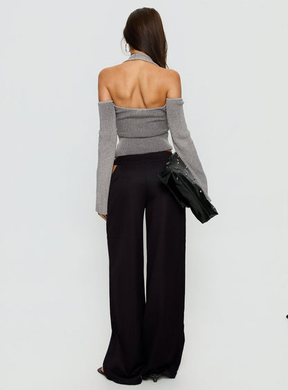Venicia Belt Detail Suiting Pant Black Pinstripe