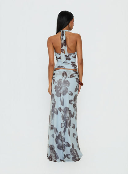 Roselin Mesh Maxi Skirt Blue Floral