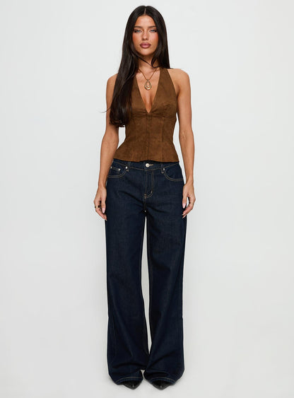 Dalyah Faux Suede Halter Top Brown