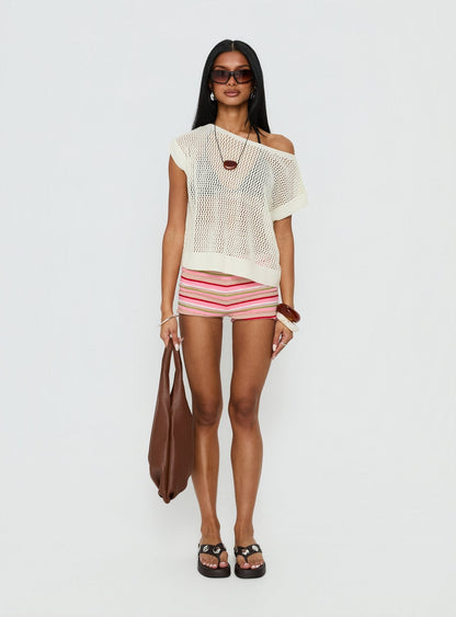 Lorenzina Sheer Crochet Off Shoulder Top Cream