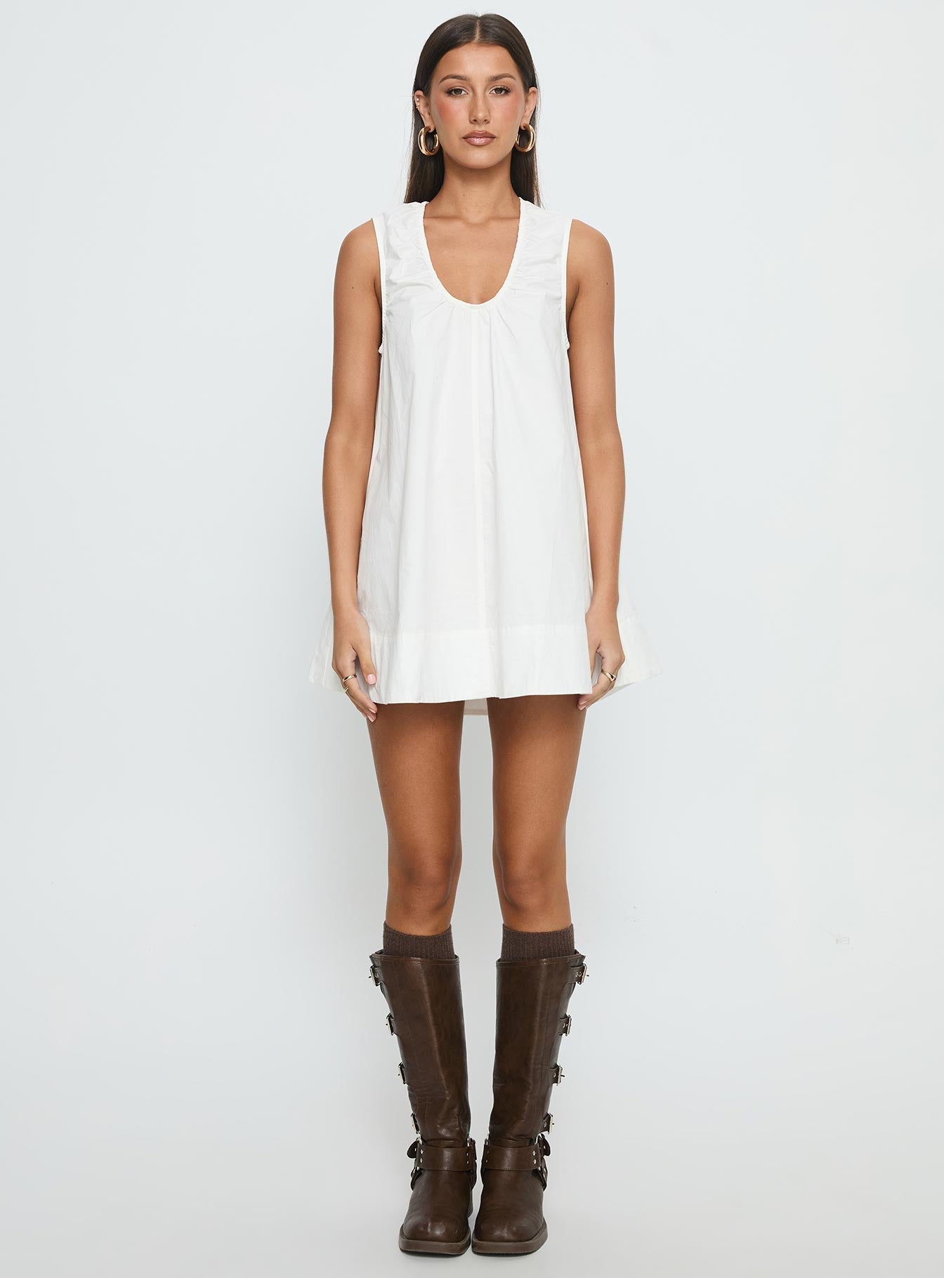 Eberta Ruched Baby Doll Mini Dress White