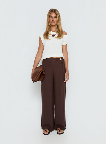 Pine For You Bead Detail Linen Pant Brown