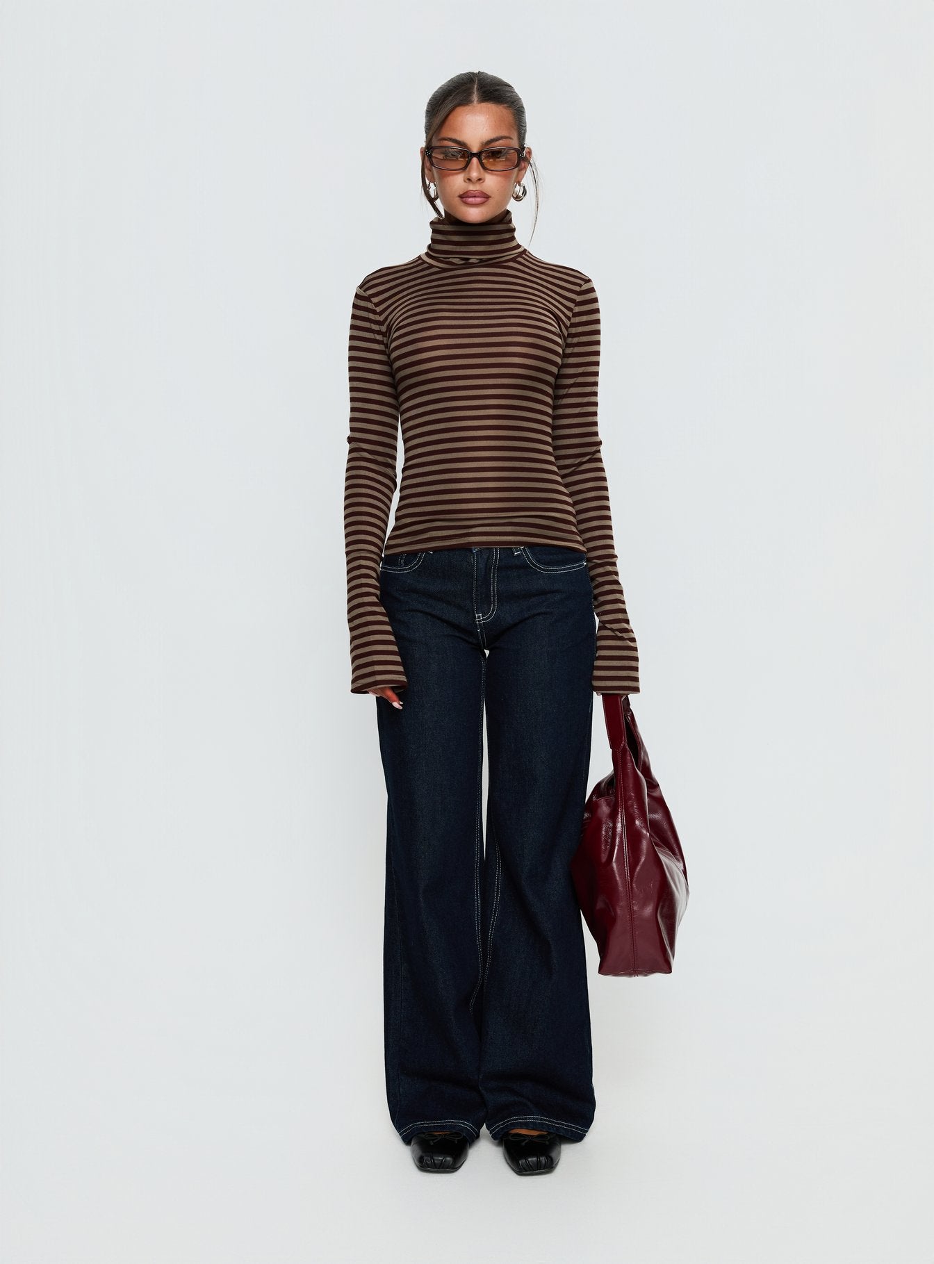 Temika Long Sleeve Backless Top Brown Stripe