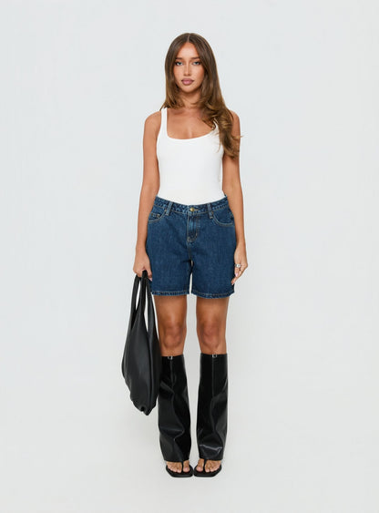 Dreamful Relaxed Longline Denim Shorts Mid Blue Wash