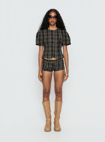 Femme Blouse Top Navy / Lemon Plaid
