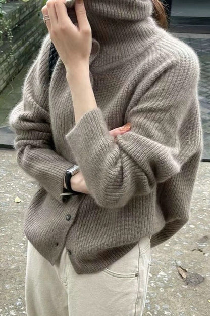 Retro Textured Rib Slim-Fit Single-Row Button Loose Solid Knit Cardigan