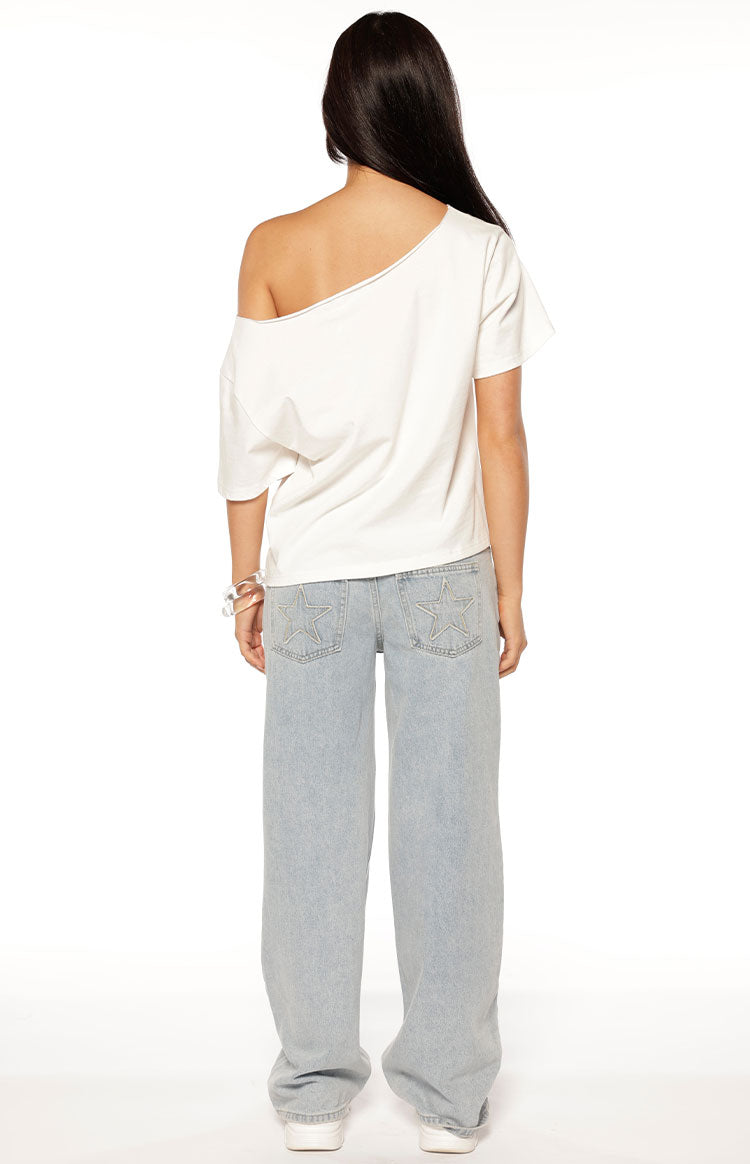Amelie White Printed Off Shoulder Oversized Tee