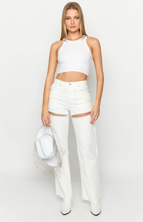 Gem Diamante Trim Wide Leg White Denim Jeans