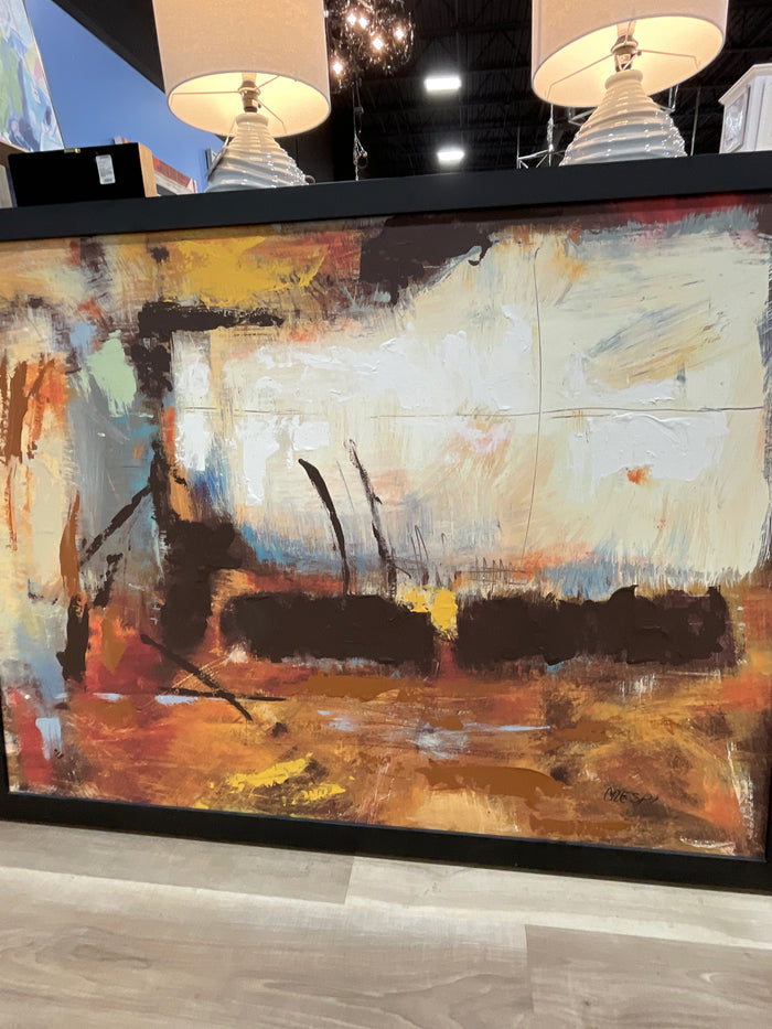 ABSTRACT GICLEE BROWN RUST TEAL AND WHITE IN BLACK FRAME