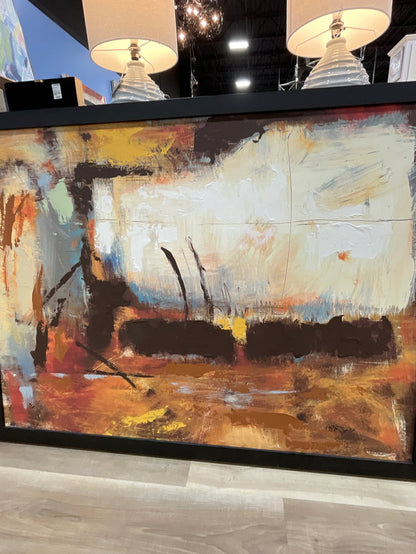 ABSTRACT GICLEE BROWN RUST TEAL AND WHITE IN BLACK FRAME