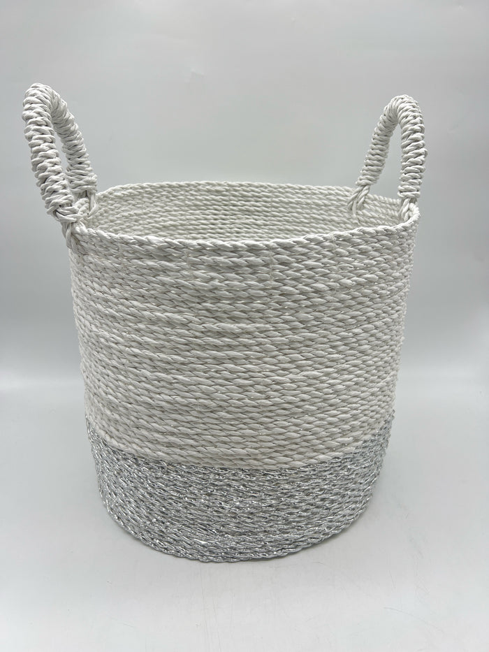 BASKET 2 TONE SILVER & WHITE WITH HANDLES