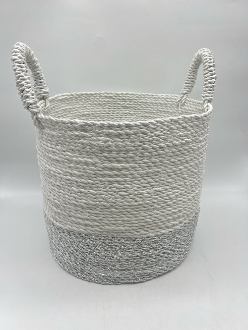 BASKET 2 TONE SILVER & WHITE WITH HANDLES