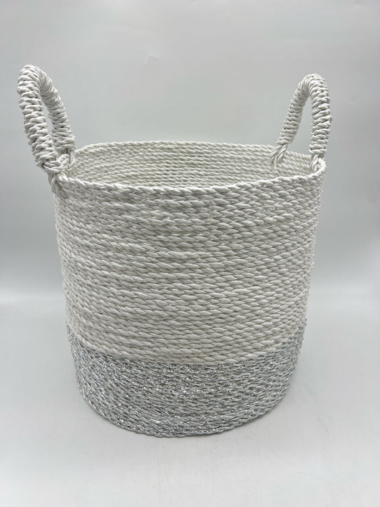BASKET 2 TONE SILVER & WHITE WITH HANDLES