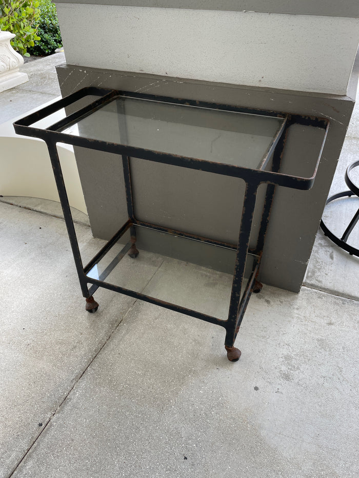 BLACK METAL BAR CART 2 GLASS SHELVES ON CASTERS PRICE FOR CONDITION