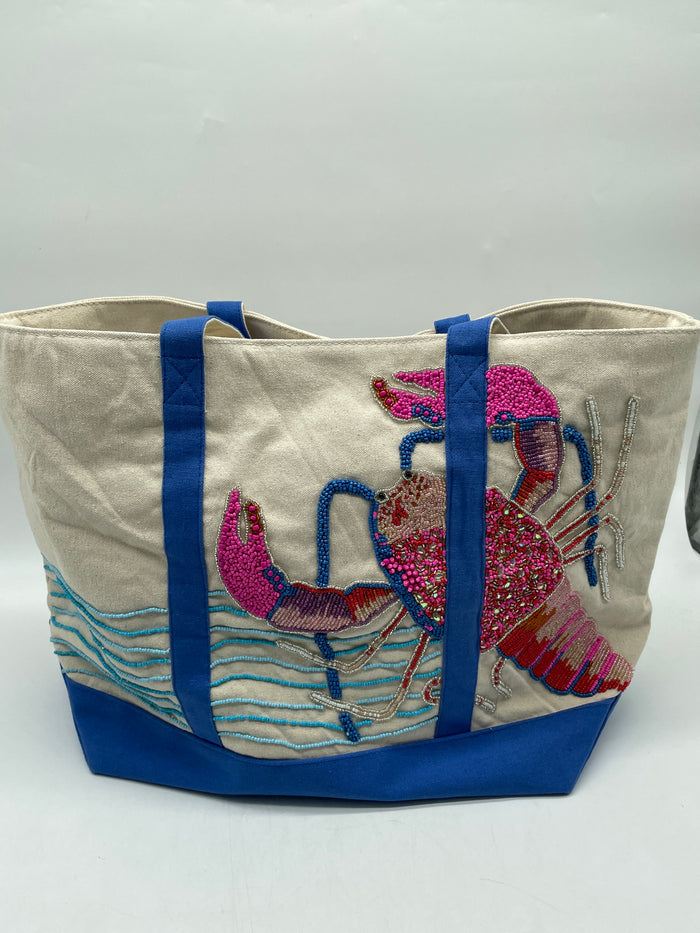 CANVAS TOTE ROCK LOBSTER COASTAL BEADED