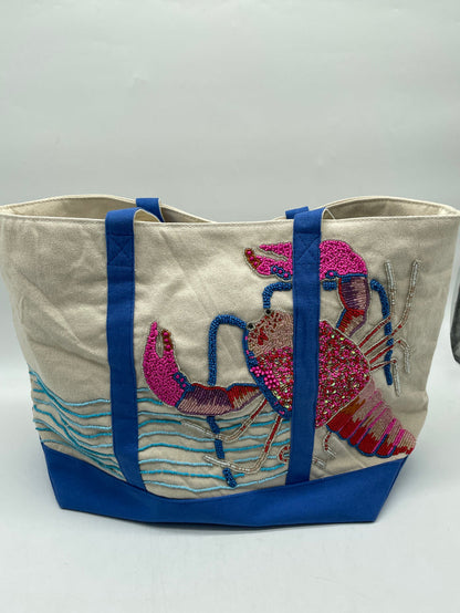 CANVAS TOTE ROCK LOBSTER COASTAL BEADED