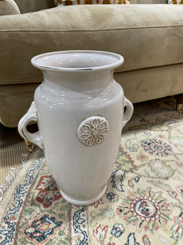 CERAMIC VASE CREAM WITH HANDLES  AND MEDALLION ACCENT
