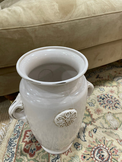 CERAMIC VASE CREAM WITH HANDLES  AND MEDALLION ACCENT