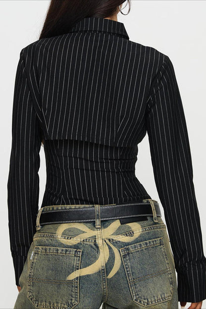 Striped Collared Buttoned Hollow Long Sleeve Blouse