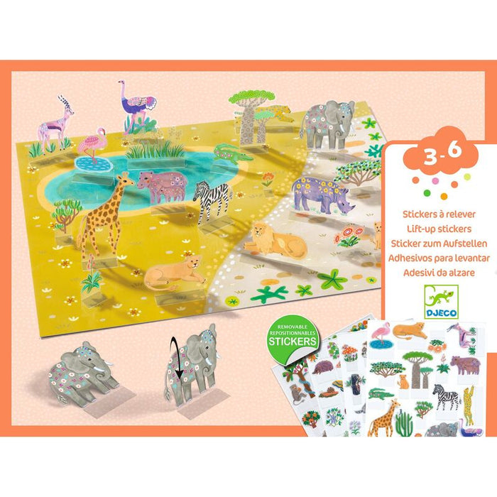 Djeco 80 piece 3D Lift-Up Sticker Playset - Jungle Animals