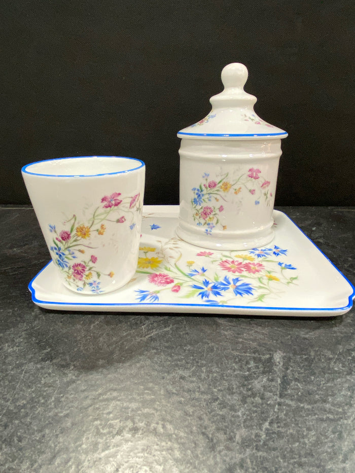 LIMOGES VANITY SET OF 3 FLORAL WITH BLUE ACCENT