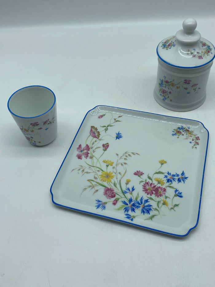 LIMOGES VANITY SET OF 3 FLORAL WITH BLUE ACCENT