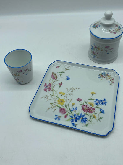 LIMOGES VANITY SET OF 3 FLORAL WITH BLUE ACCENT