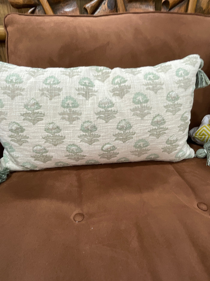 LUMBAR PILLOW CREAM WITH MINT GREEN FLORAL PATTERN AND TASSELS