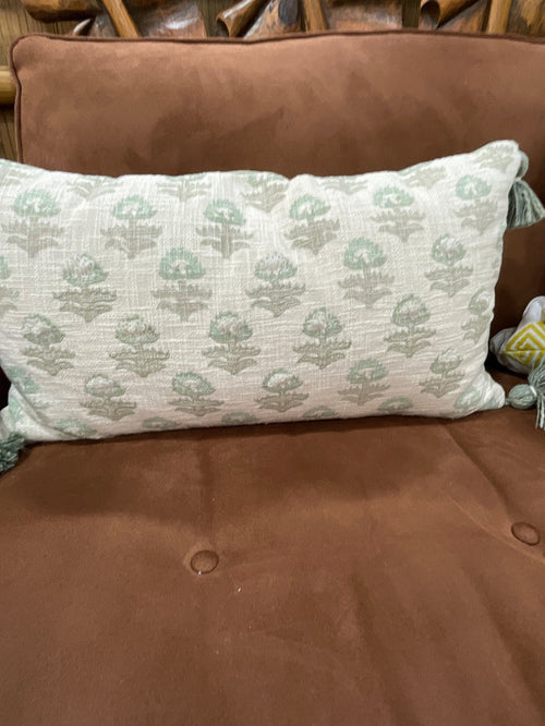 LUMBAR PILLOW CREAM WITH MINT GREEN FLORAL PATTERN AND TASSELS
