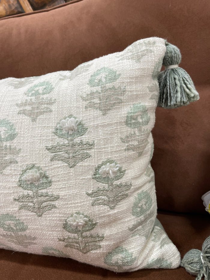 LUMBAR PILLOW CREAM WITH MINT GREEN FLORAL PATTERN AND TASSELS