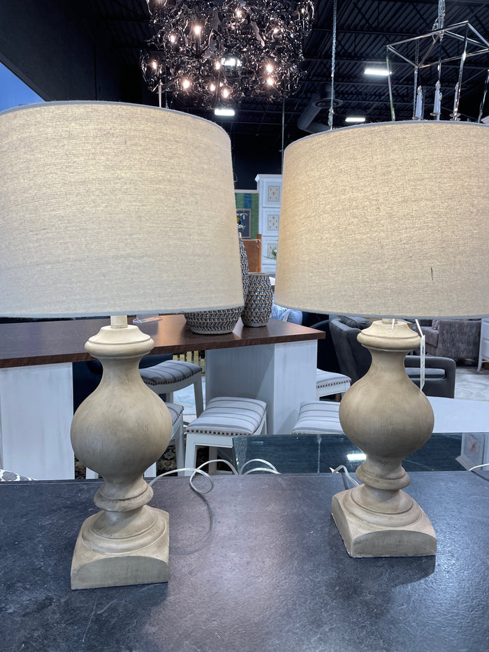 PAIR OF LAMPS WOOD BASE TAN SHADE