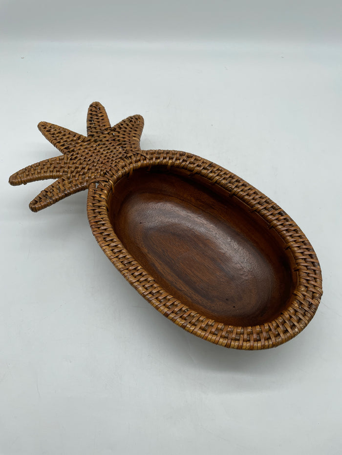 PALECEK WOODEN PINEAPPLE BOWL WITH WICKER TRIM