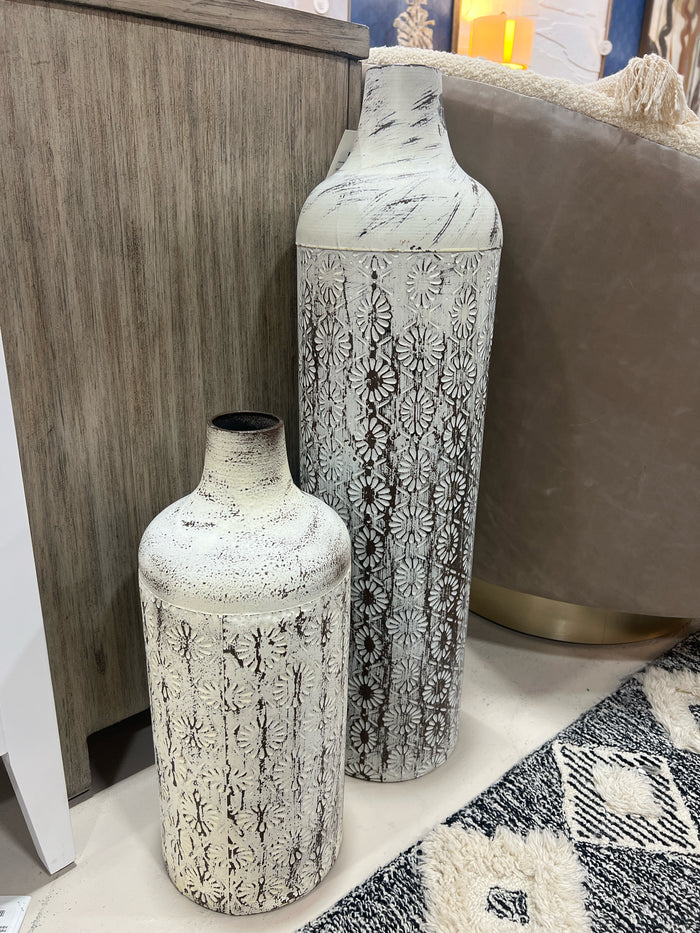 SET OF 2 TIN VASES TEXTURED FLOWER PATTERN DISTRESSED