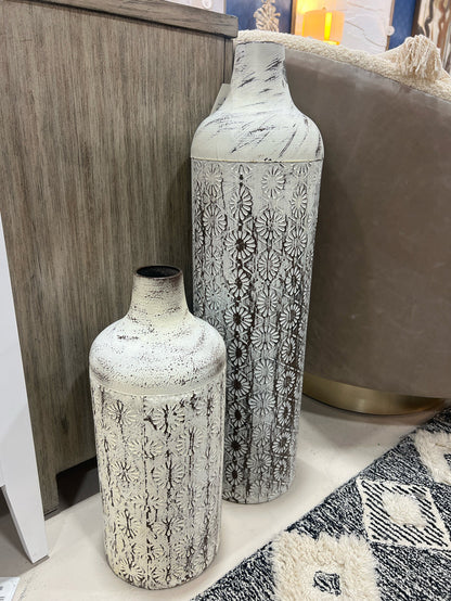 SET OF 2 TIN VASES TEXTURED FLOWER PATTERN DISTRESSED