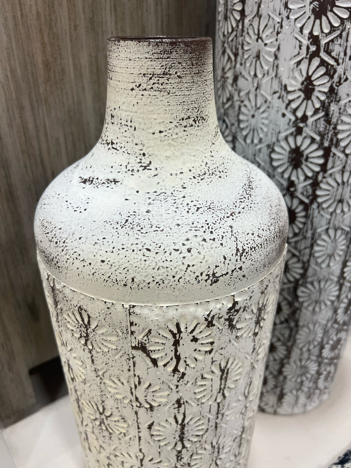 SET OF 2 TIN VASES TEXTURED FLOWER PATTERN DISTRESSED