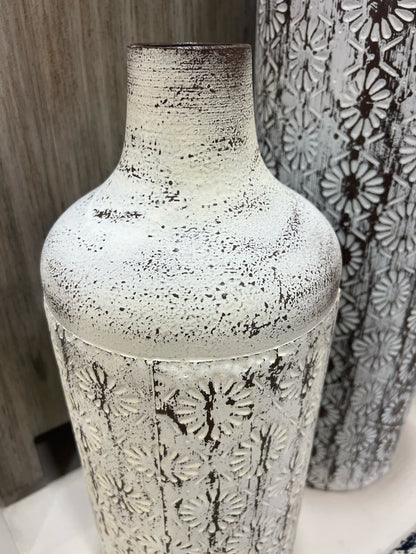 SET OF 2 TIN VASES TEXTURED FLOWER PATTERN DISTRESSED