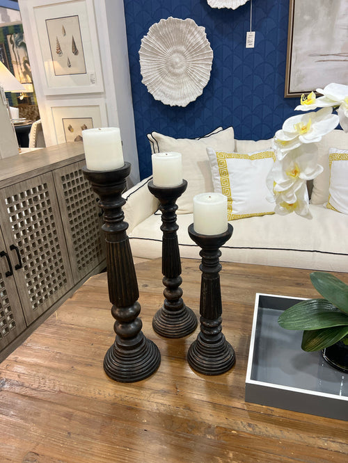 SET OF 3 CANDLE HOLDERS WOOD BLACK
