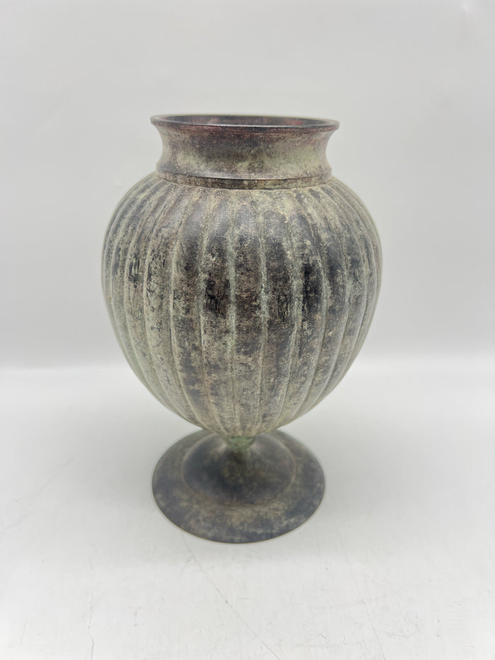 VASE METAL RIBBED PATINA LOOK